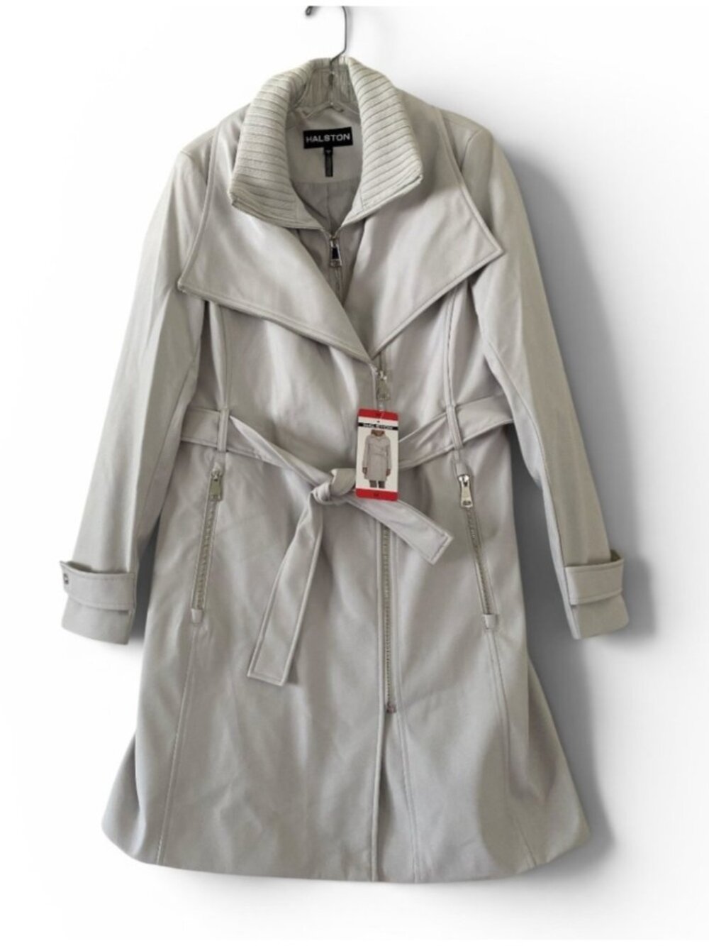 Halston Ladies’s Belted Trench Coat Size Medium Gray Rain All-Weather NEW